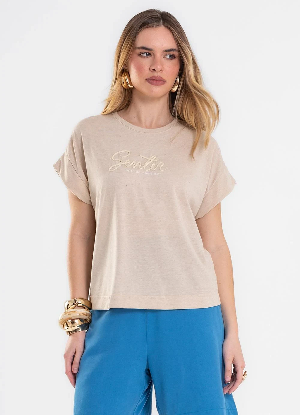 Rovitex - Blusa Feminina Manga Curta Bordado Cordel Bege