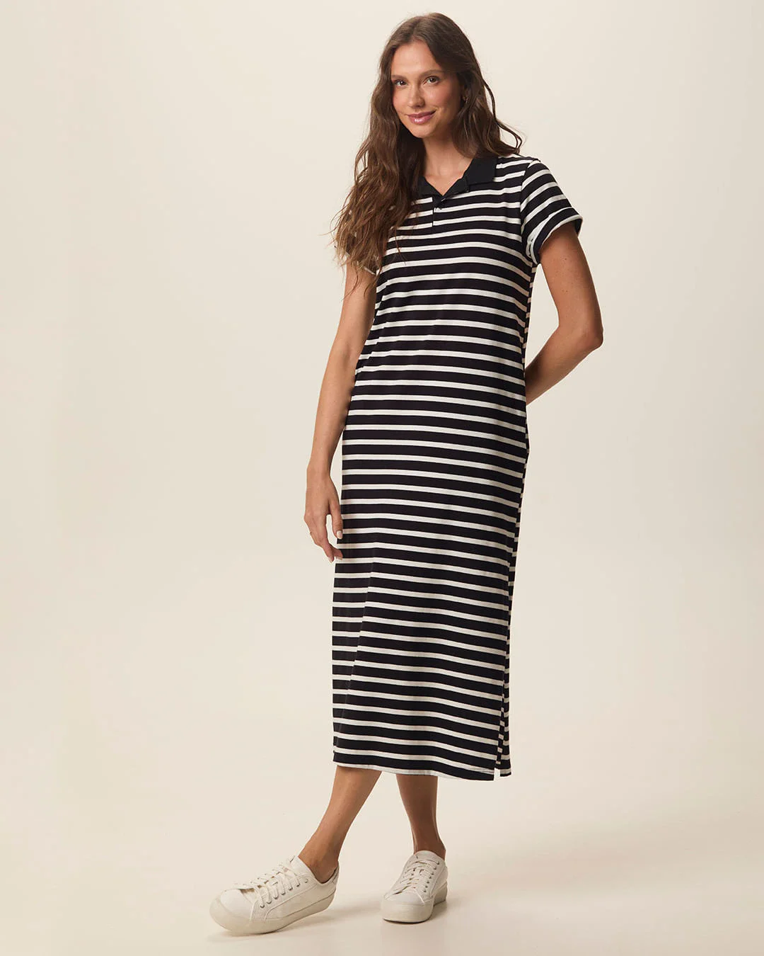 Vestido Polo Midi Feminino Bolso Funcional Fenda Lateral Em Algodão Listrado
