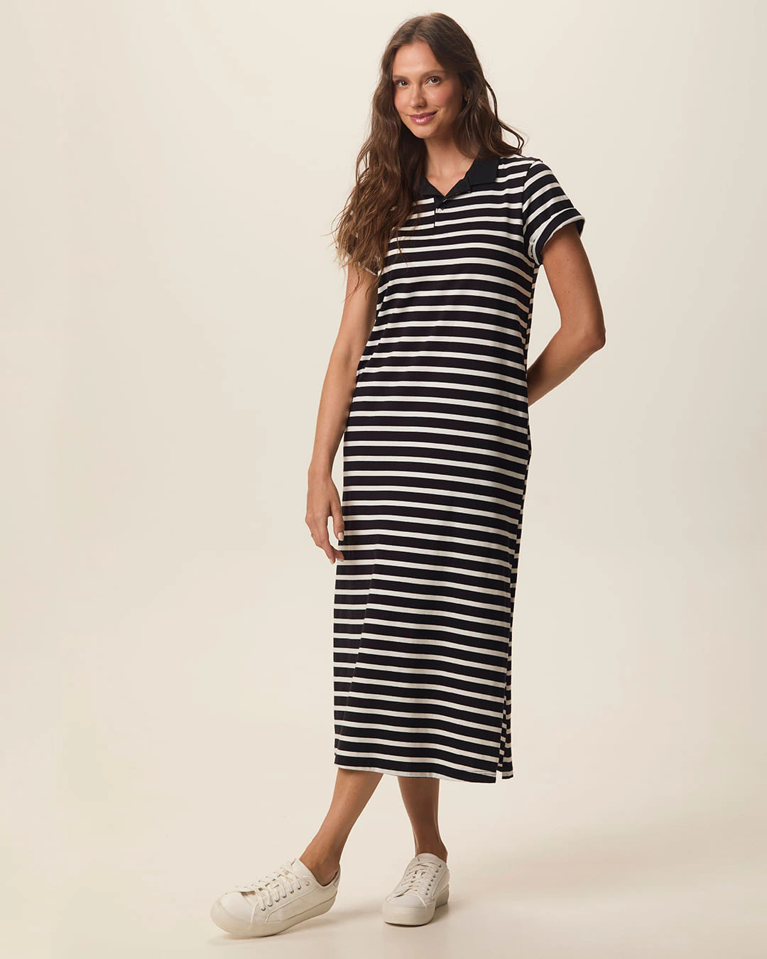 Vestido Polo Midi Feminino Bolso Funcional Fenda Lateral Em Algodão Listrado