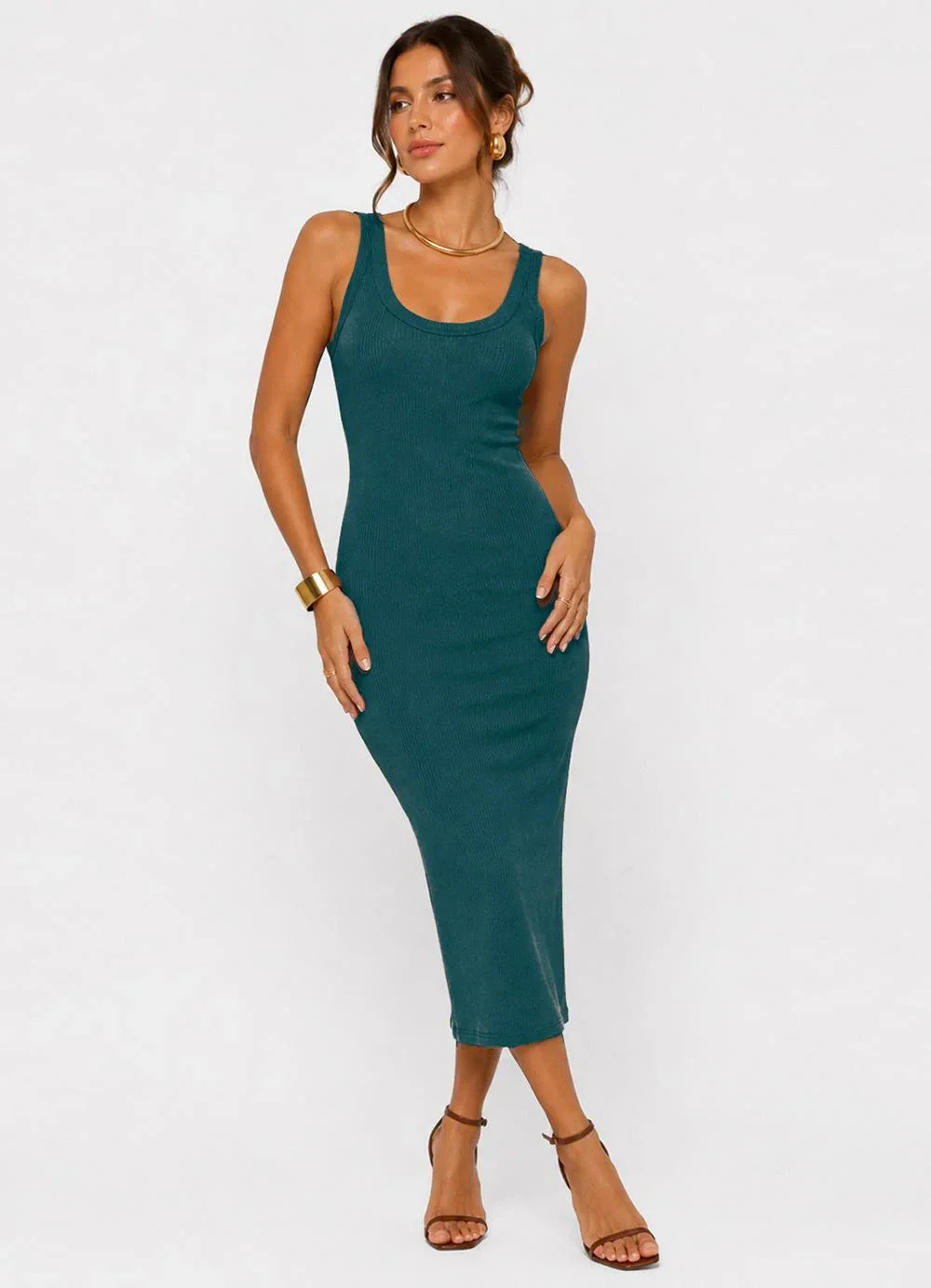 Infinita Cor - Vestido Midi em Ribana Canelada Verde