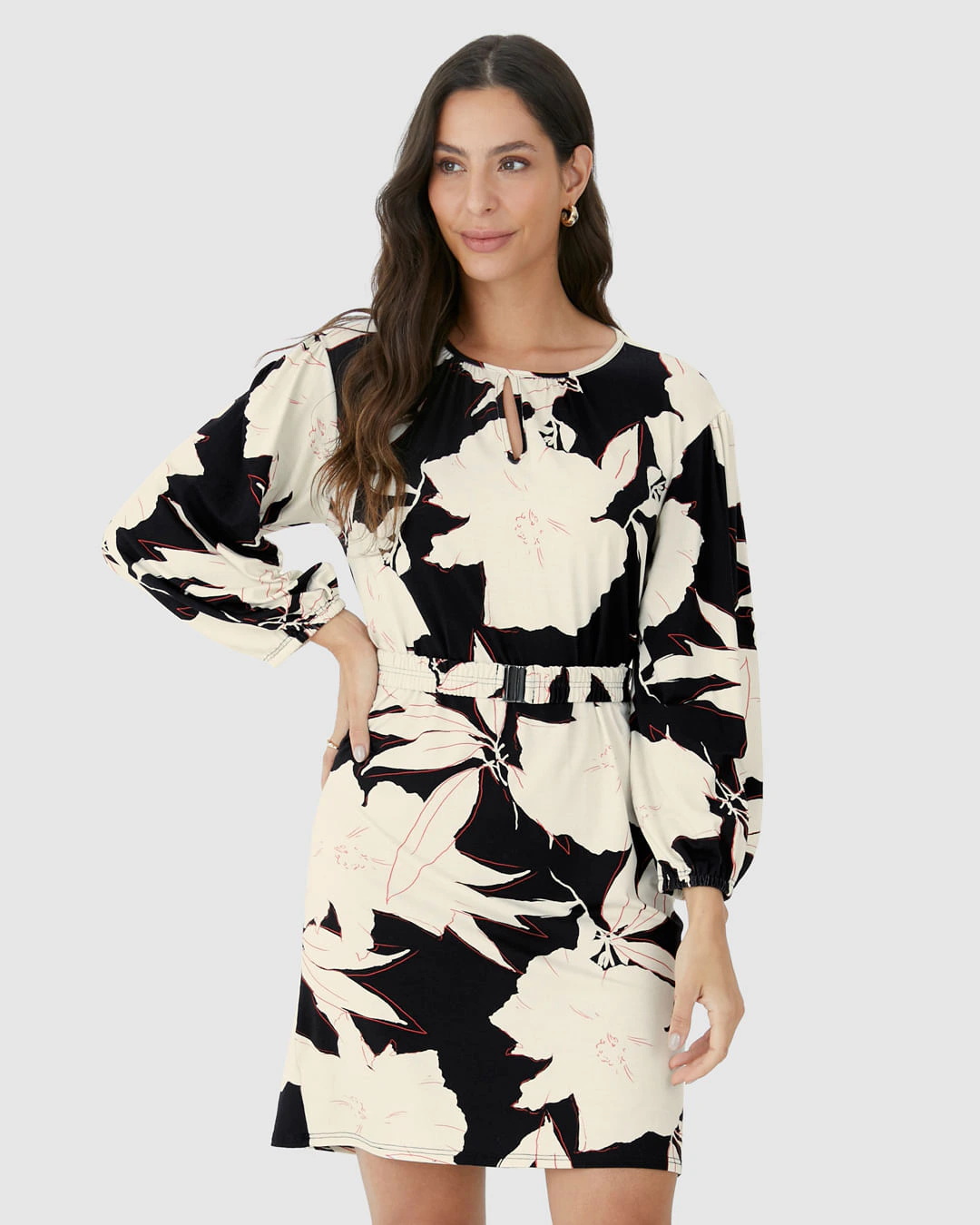 Vestido Amplo Feminino Manga Longa Com Cinto Em Viscose Stretch