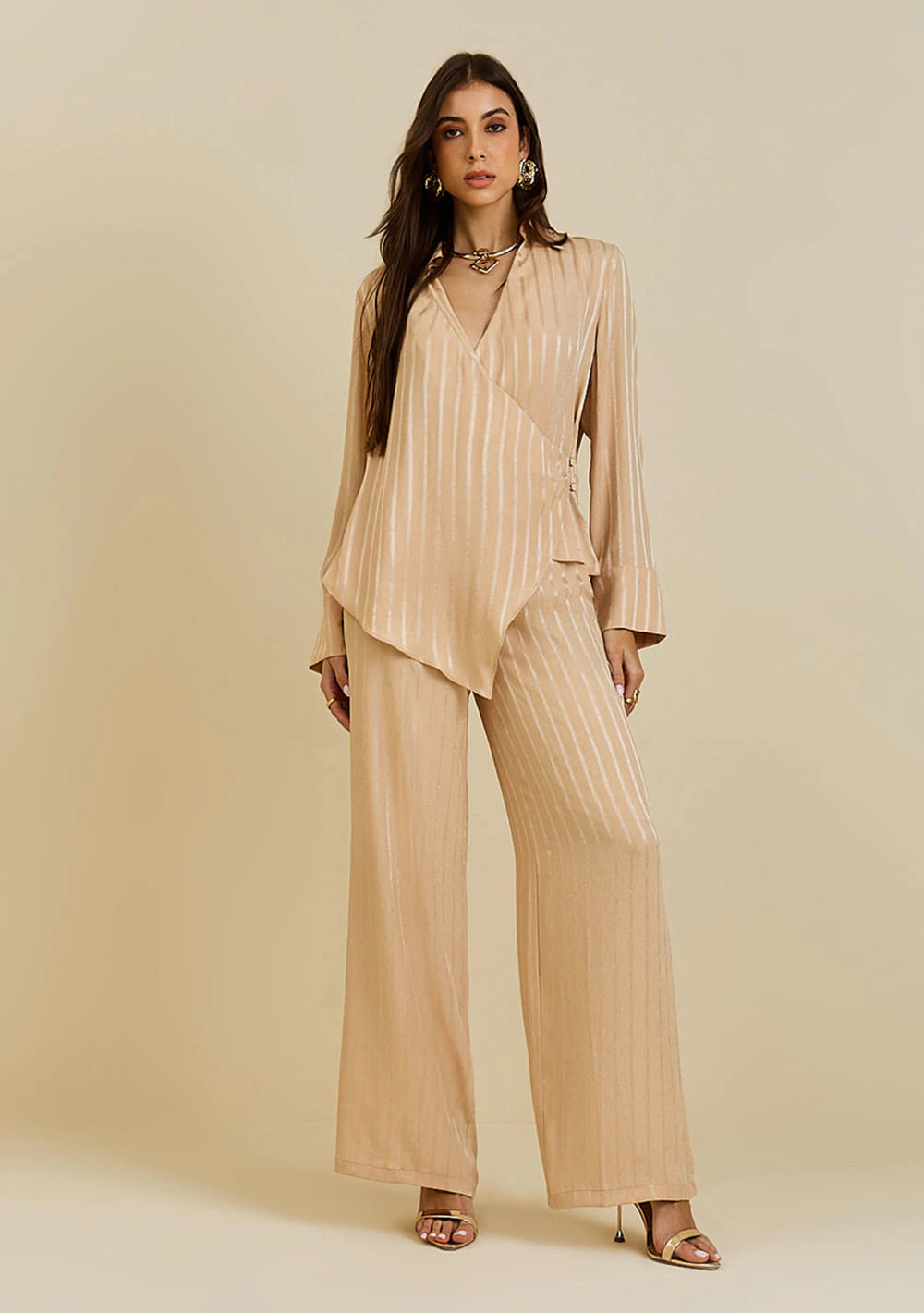 Calça Morena Rosa Wide Alta Bege Claro