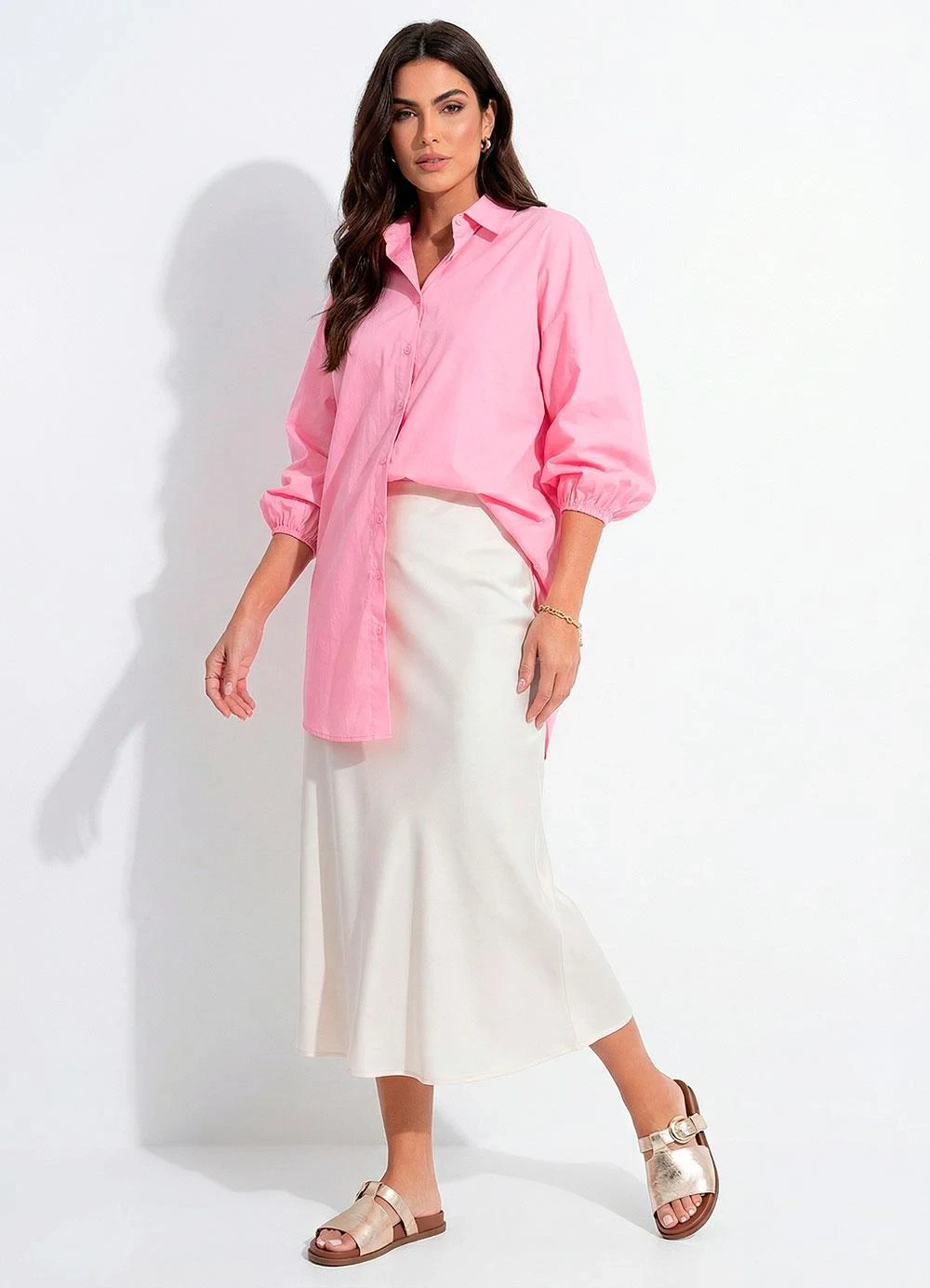 Quintess - Vestido Chemise Rosa em Tricoline