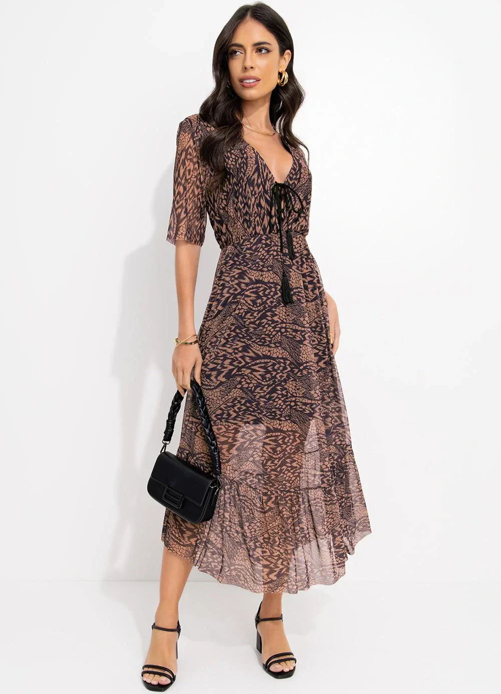 Quintess - Vestido Animal Print com Amarração no Decote
