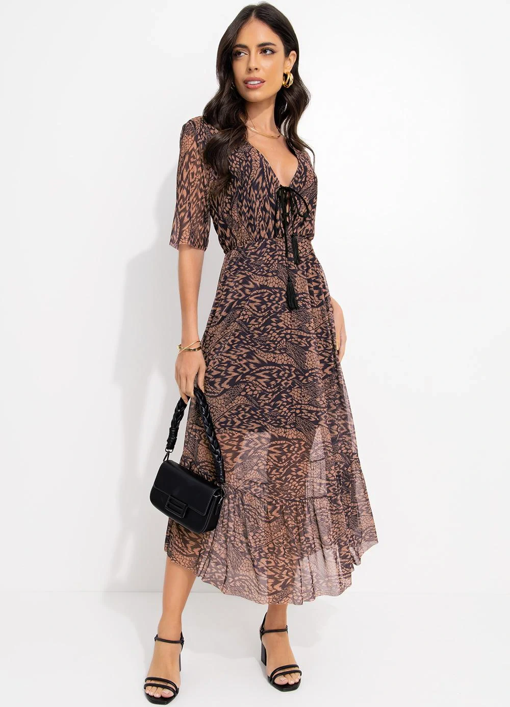 Quintess - Vestido Animal Print com Amarração no Decote