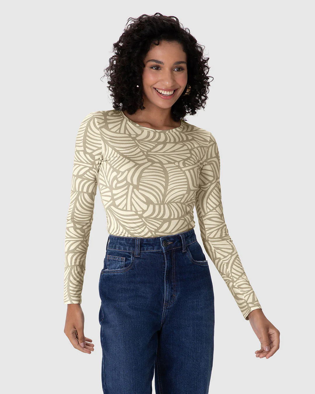 Blusa Feminina Estampada Decote Redondo Manga Longa Em Viscose Stretch