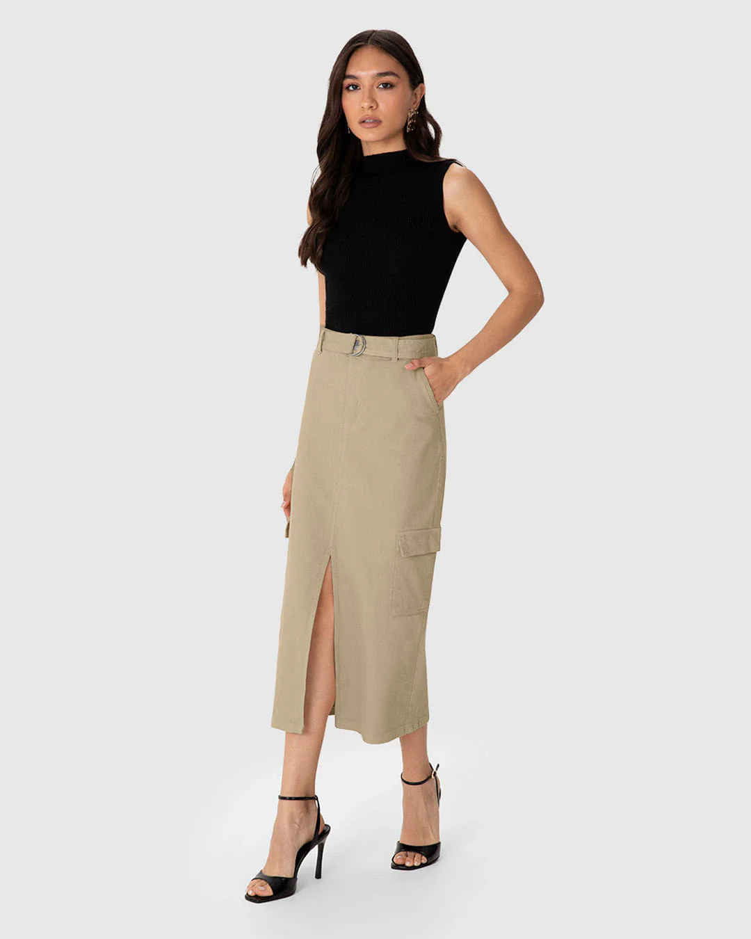 Saia Midi Feminina Cargo Cintura Média Em Sarja Stretch - ENFIM