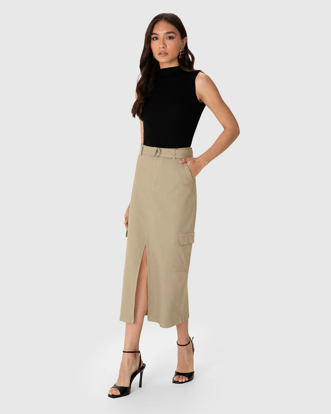 Saia Midi Feminina Cargo Cintura Média Em Sarja Stretch - ENFIM
