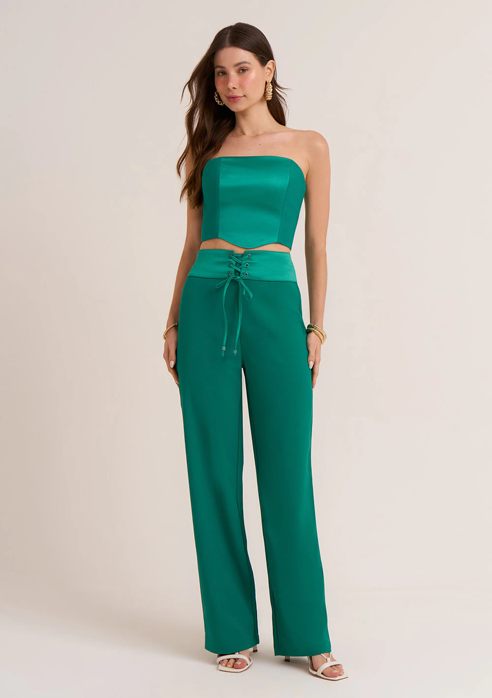 Calça Zinco Pantacourt Cós Alto Detalhe Ilhós Verde