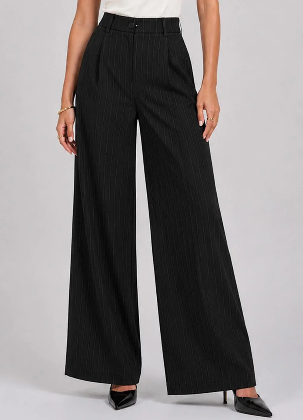 Rovitex - Calça Feminina Risca de Giz Alfaiataria Preto