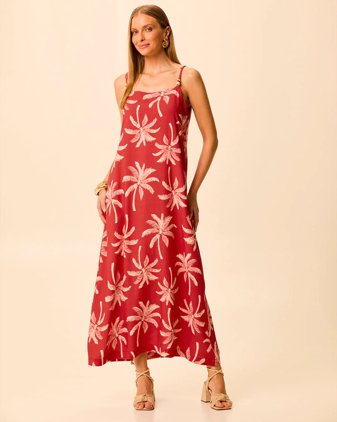 Vestido Midi Feminino Decote Reto Alça Fina Em Viscolinho Texturizado