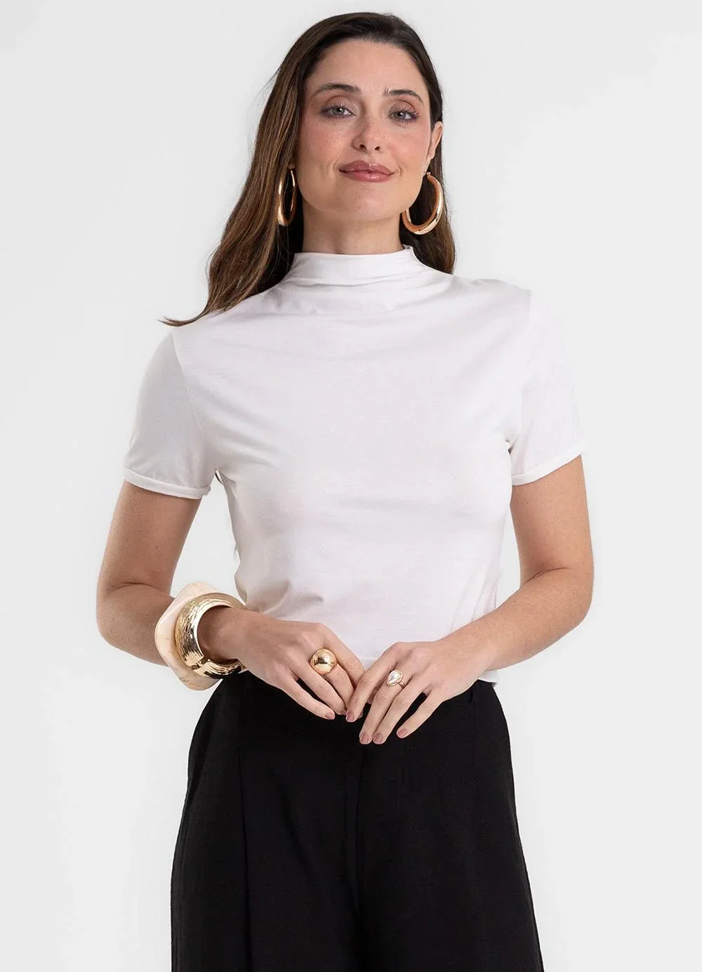 Rovitex - Blusa Feminina Baby Look em Meia Malha Bege