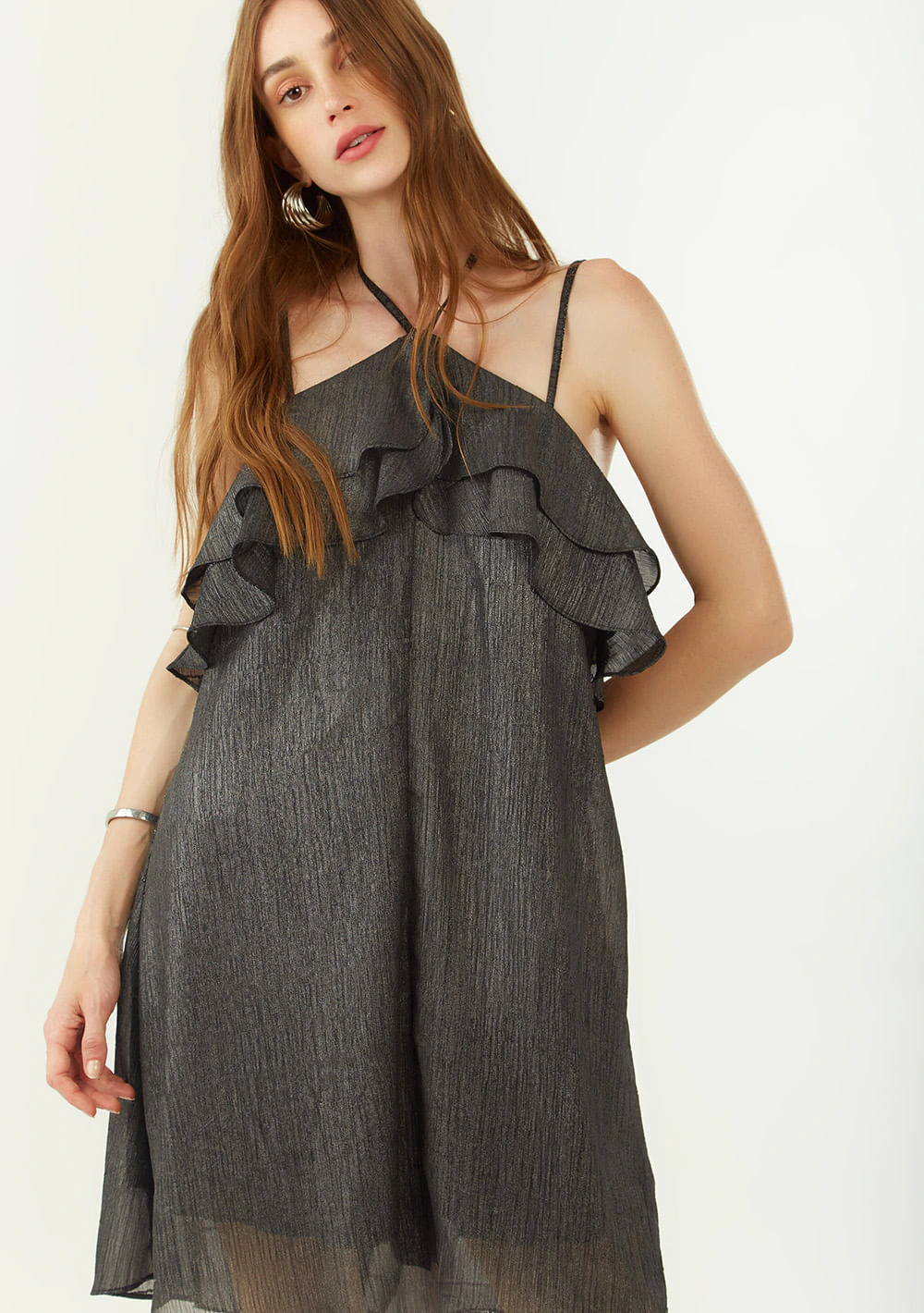 Vestido Zinco Solto Decote Reto Com Alça Curto Preto