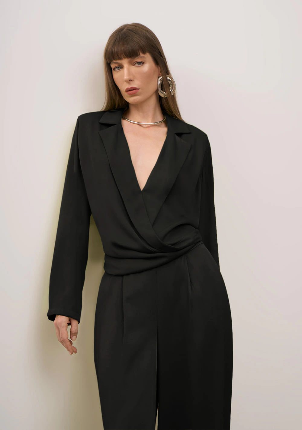 Blazer Iódice Solto Manga Longa Padrão Preto