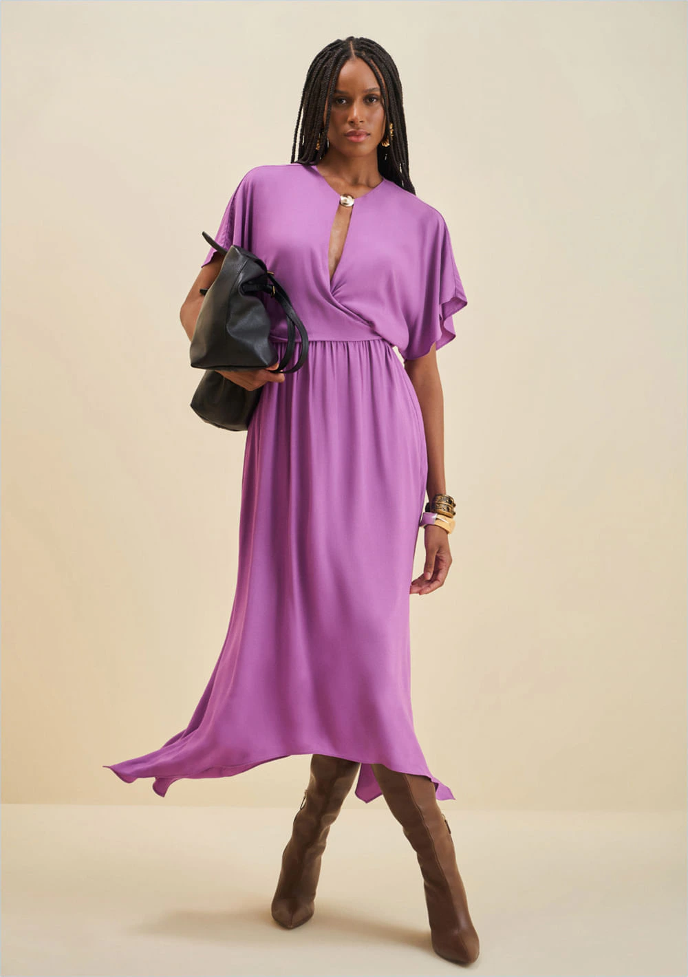 Vestido Morena Rosa Solto Decote Careca Manga Curta Midi Lilas