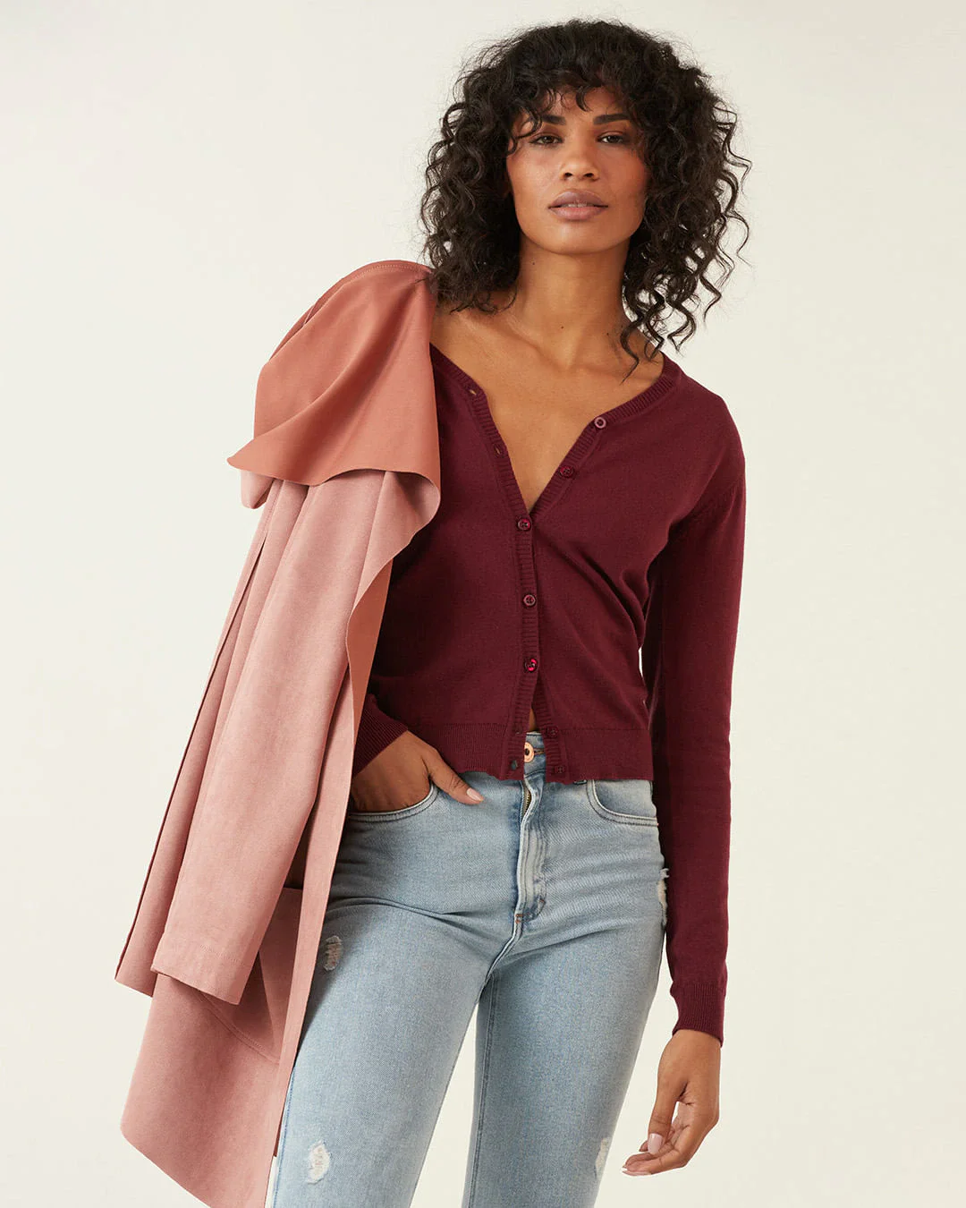 Cardigan Básico Feminino Decote V Em Tricô