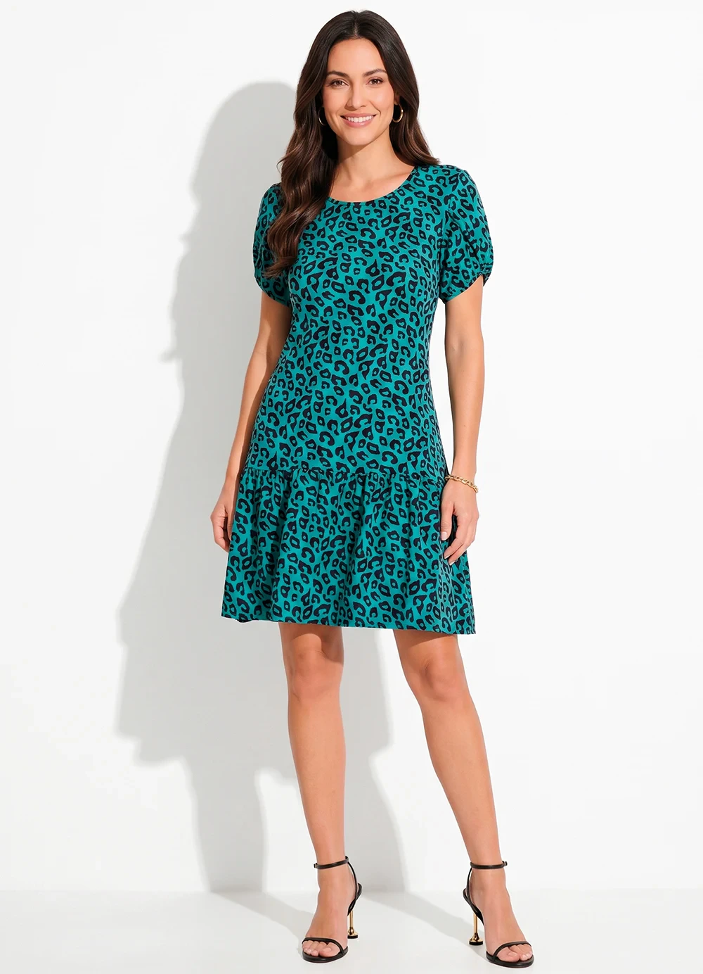 bonprix - Vestido Manga Tulipa Onça Azul