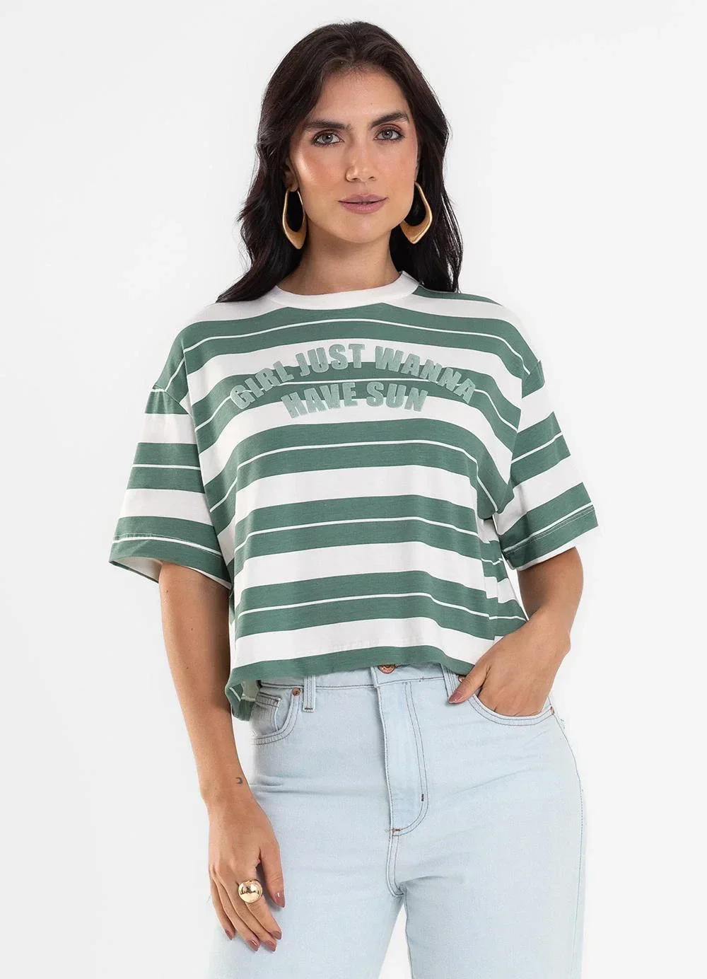 Rovitex - T Shirt Box Feminina Listrada Cotton Leve Verde