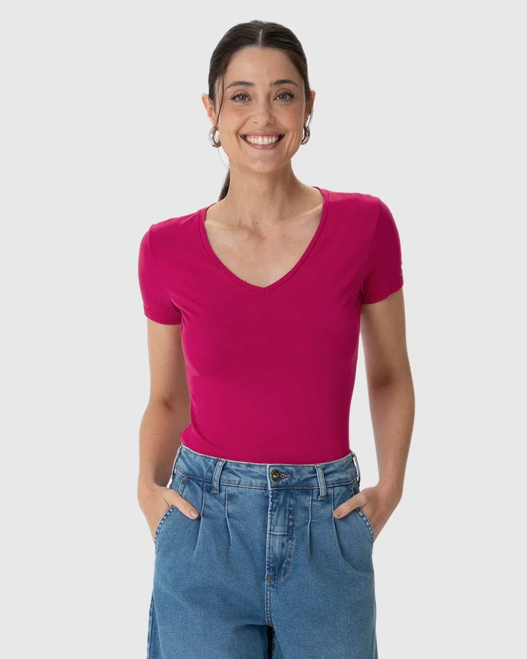 Blusa Básica Feminina Decote V Em Viscose Stretch