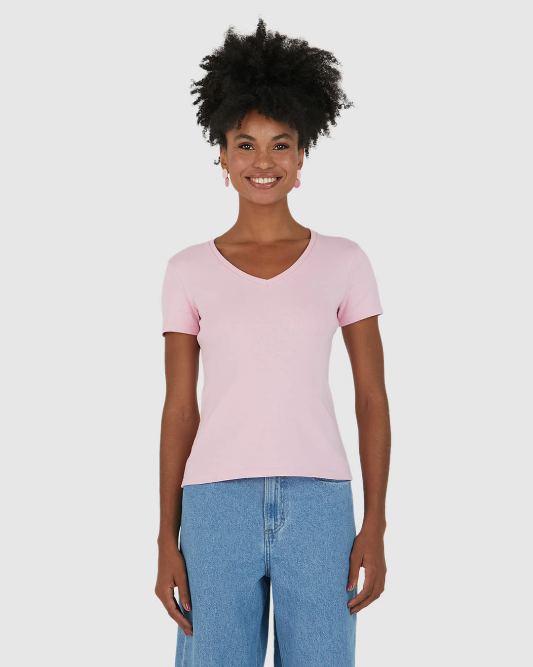Blusa Básica Feminina Decote V Manga Curta Em Algodão