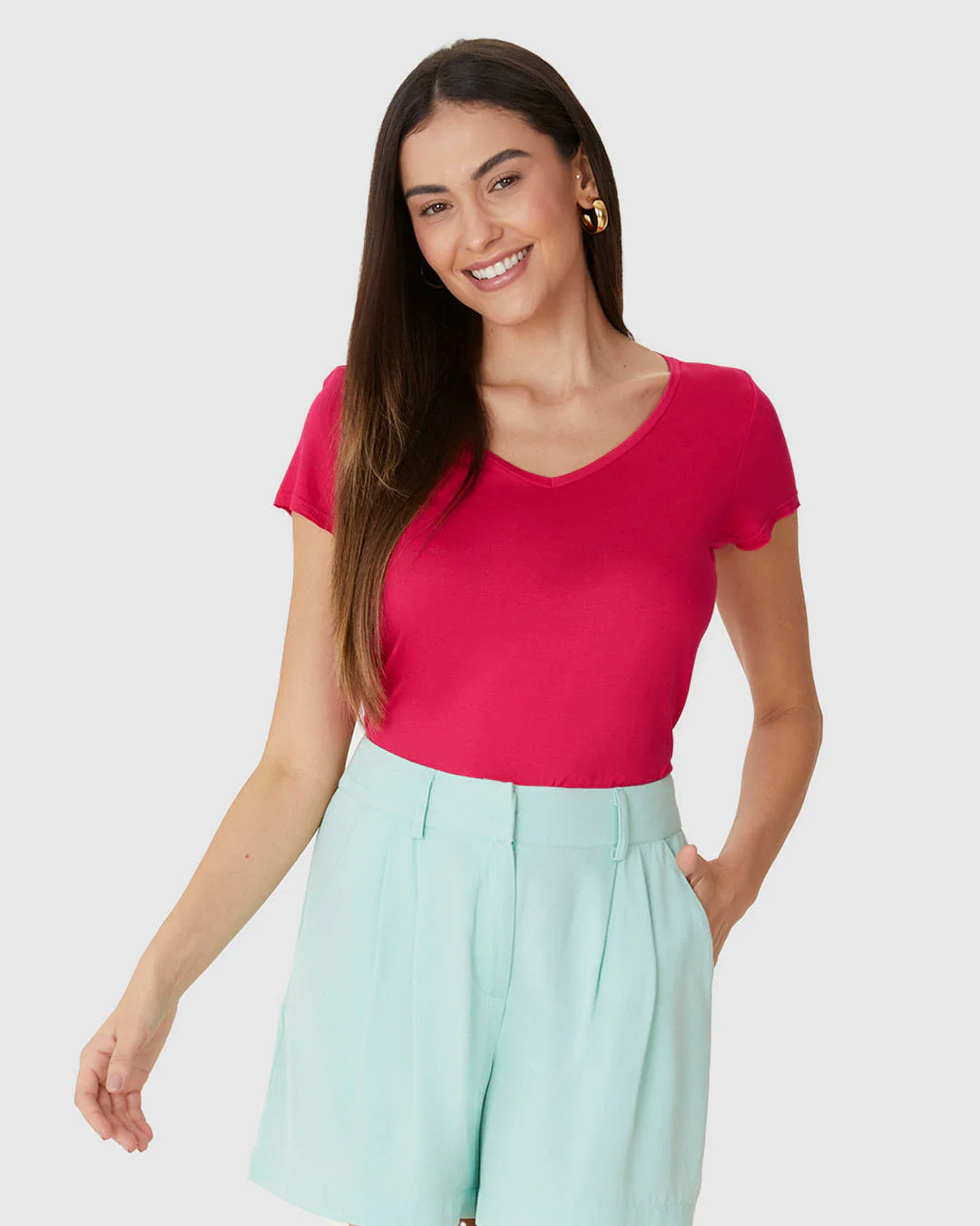 Blusa Básica Feminina Mullet Decote V Em Viscose Stretch