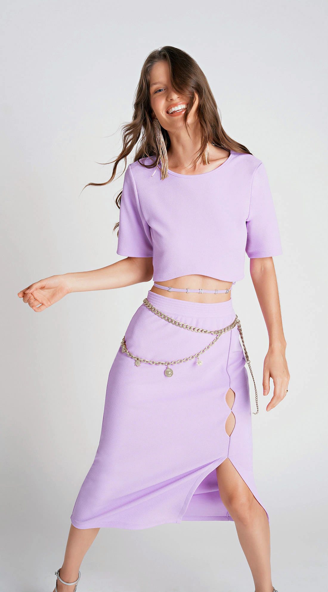 Blusa Zinco Decote Redondo Manga Curta Abertura Lateral Lilas