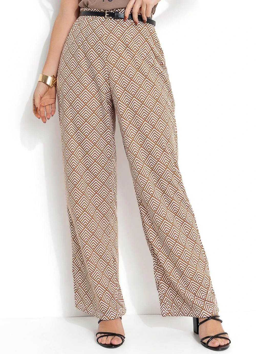 Moda Pop - Calça Abstrato Bege em Jersey Acetinado