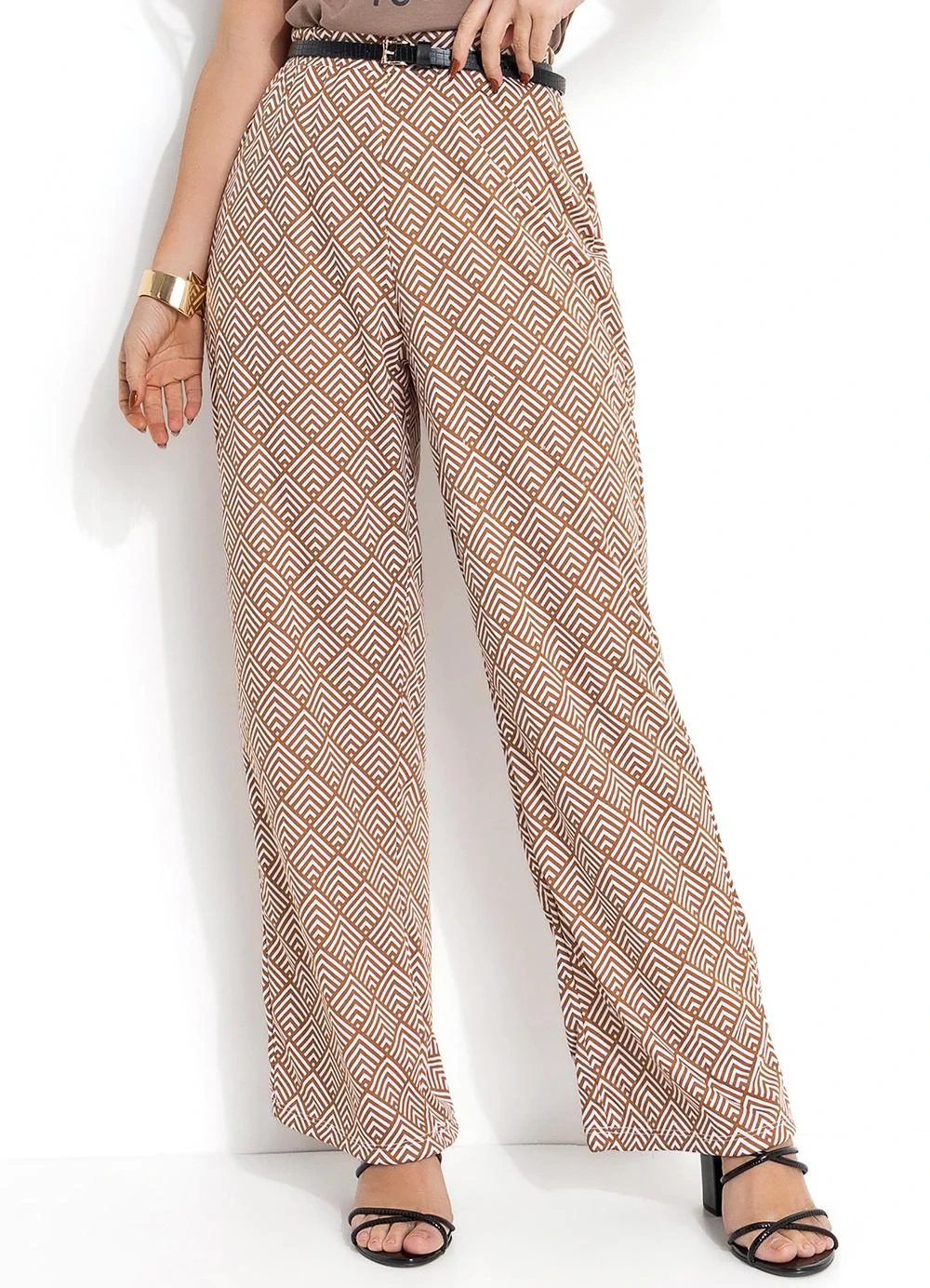 Moda Pop - Calça Abstrato Bege em Jersey Acetinado