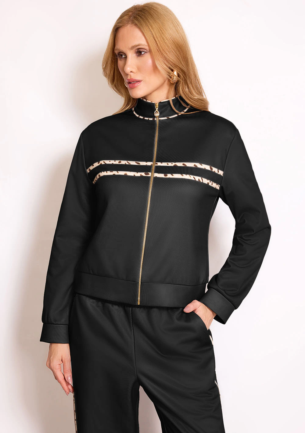 Conjunto Zinco Casaco Manga Longa Calça Reta Cintura Alta Preto