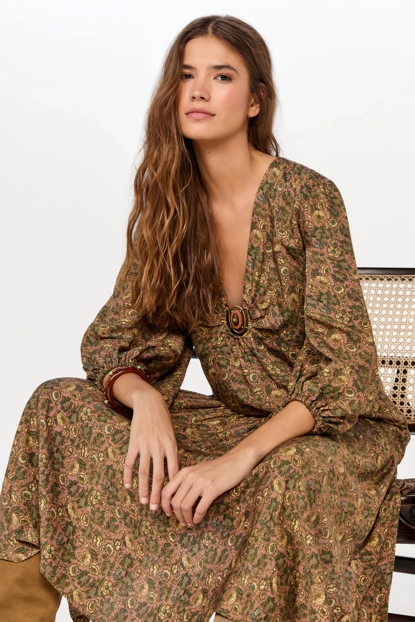 Vestido Midi Manga Estampa Peony