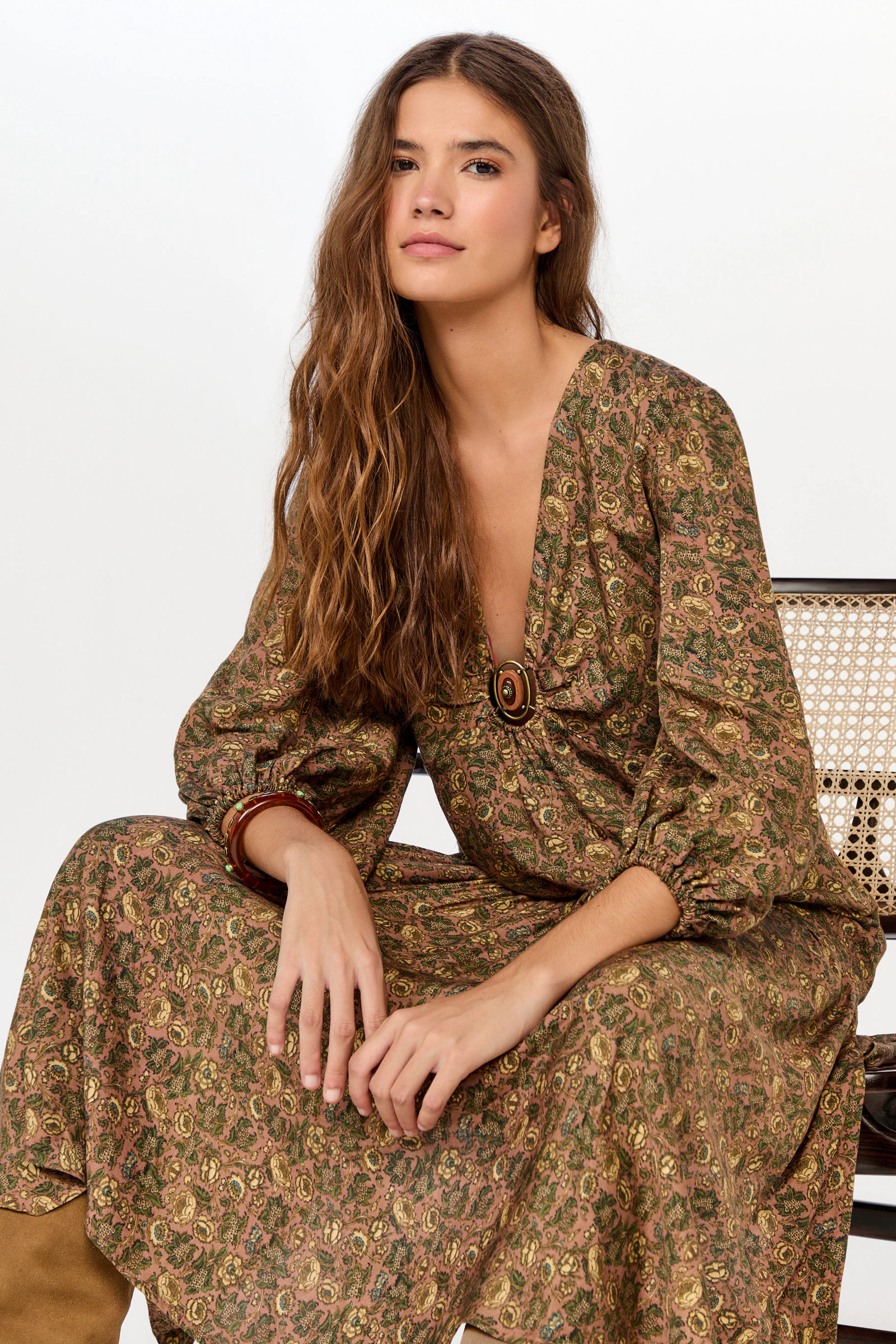 Vestido Midi Manga Estampa Peony