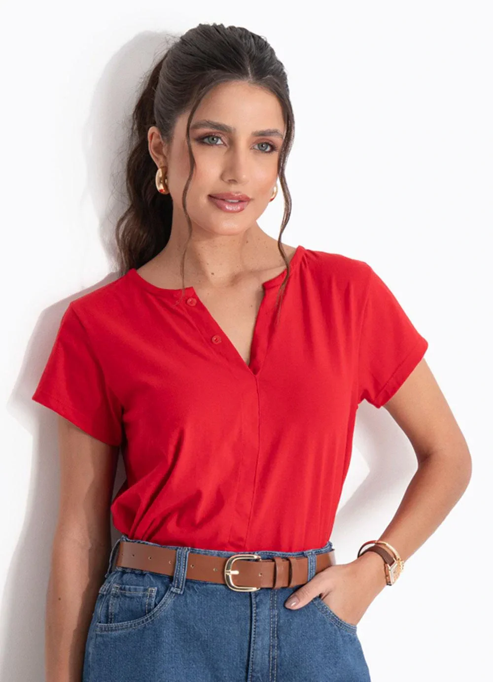 Quintess - Blusa Vermelho em Malha de Algodão