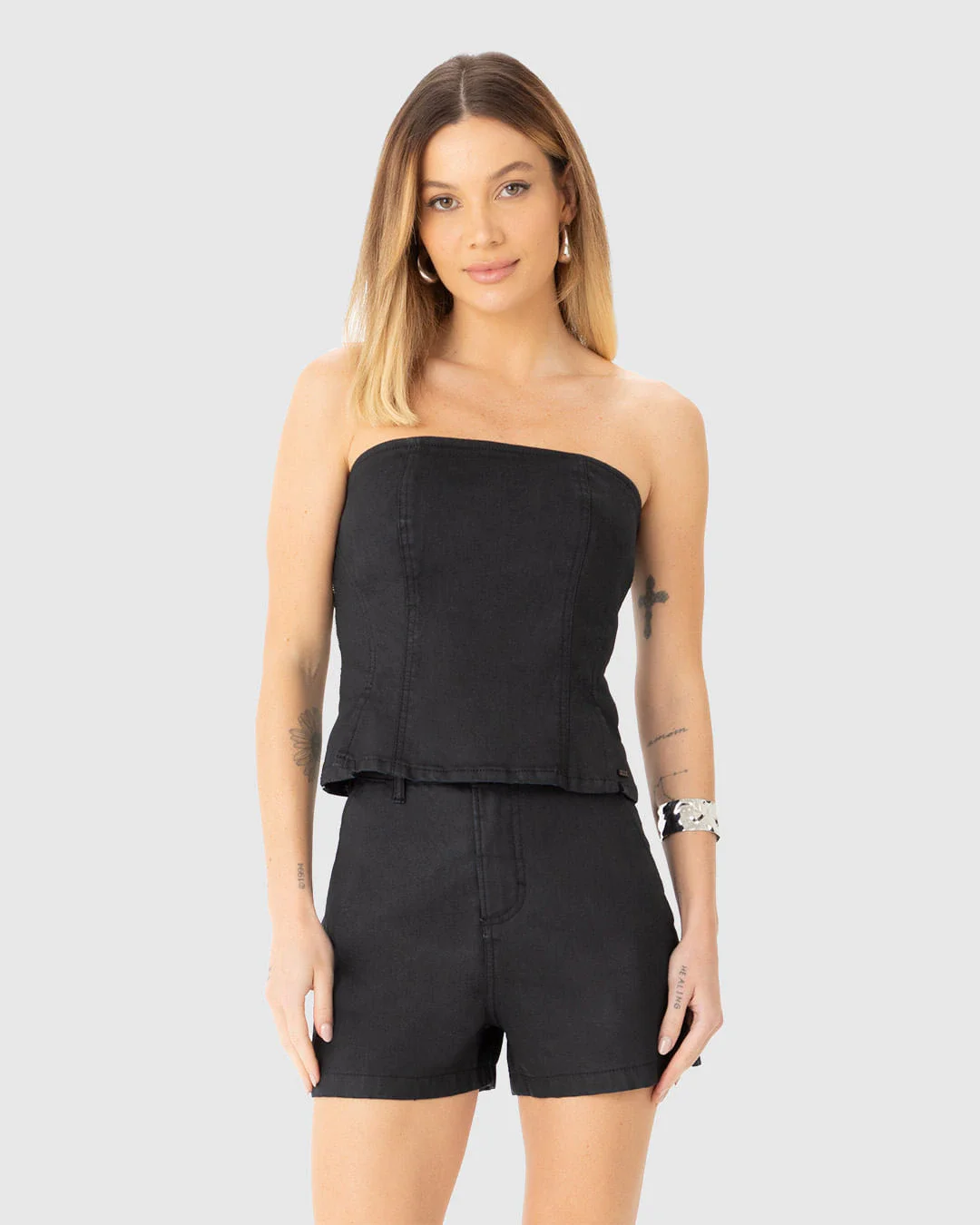 Blusa Feminina Sem Alças Em Jeans Resinado Com Elastano - ENFIM
