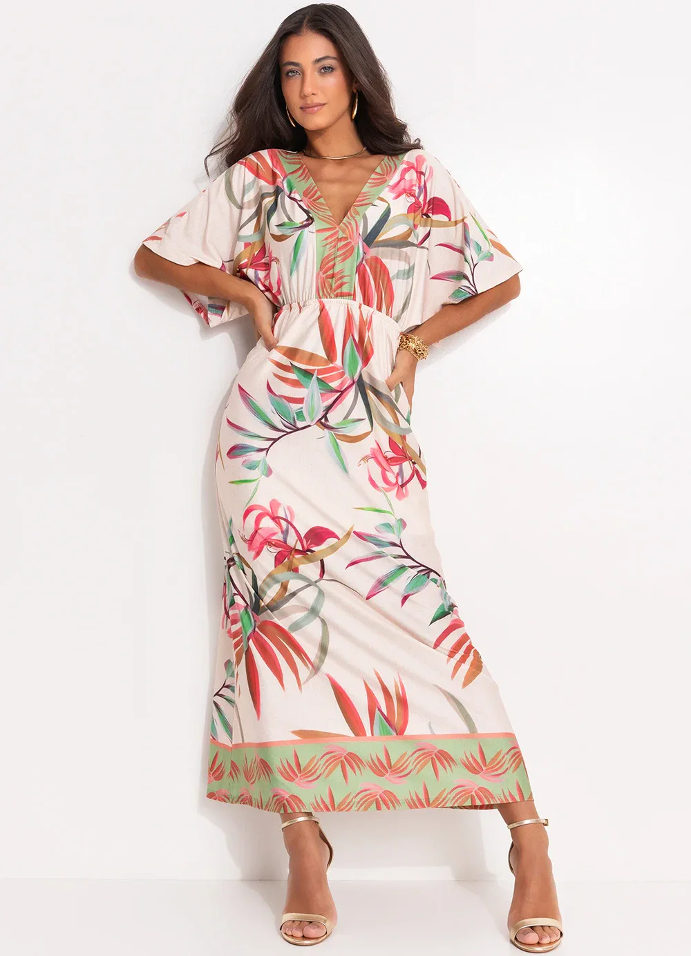 Quintess - Vestido Folhagem Off White em Malha Fria