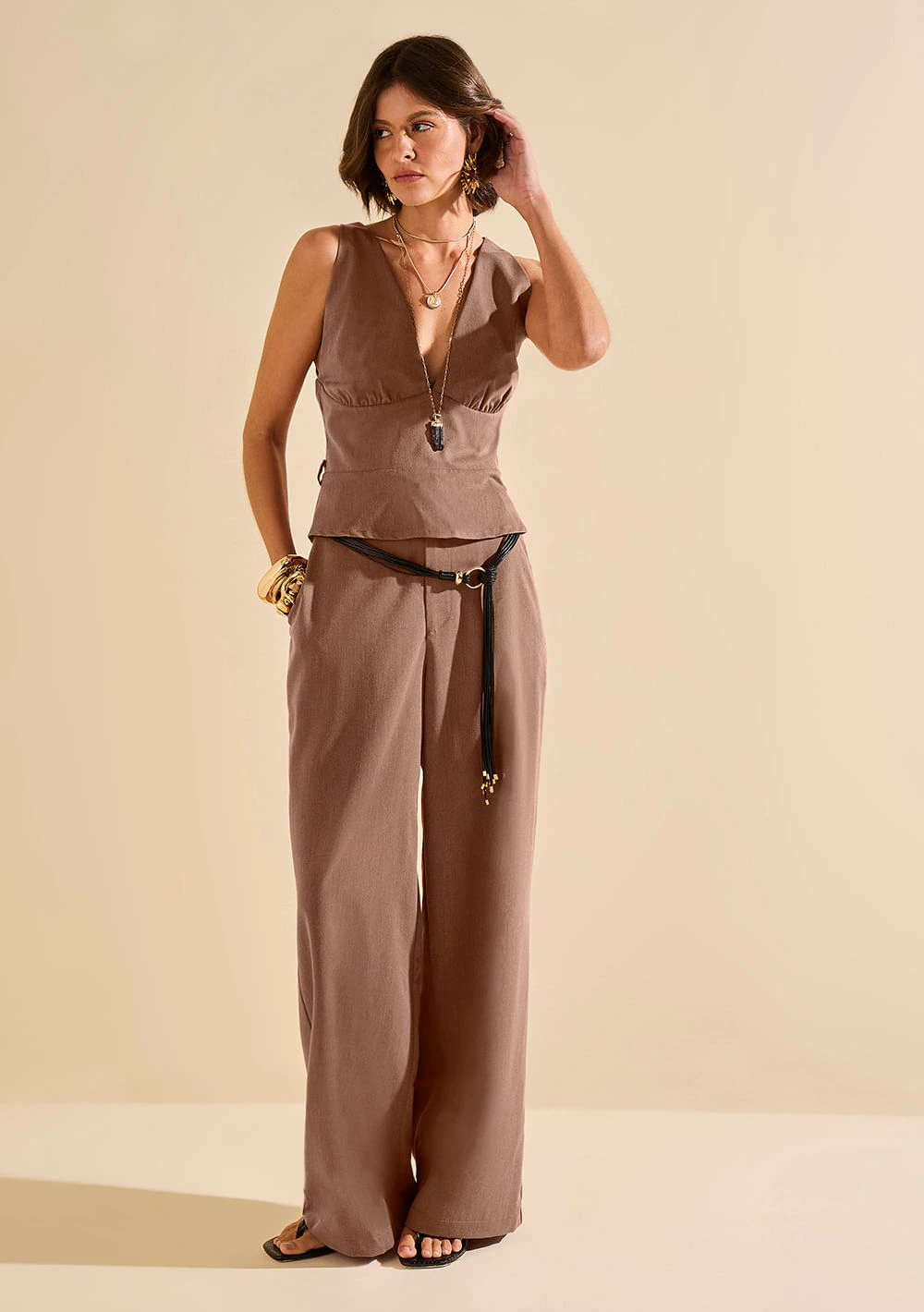 Calça Morena Rosa Wide Alta Marrom