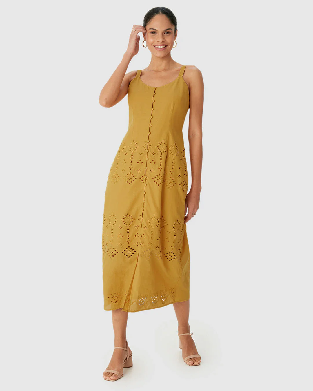 Vestido Midi Feminino Botões Frontais Detalhe Vazado Costas Em Laise Algodão