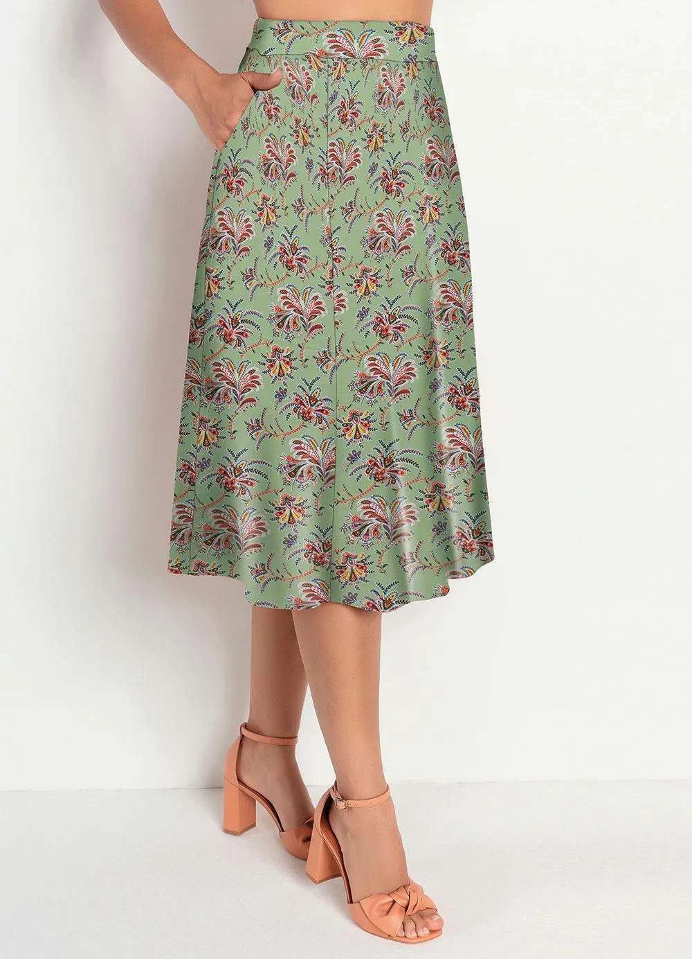 Rosalie - Saia Floral Verde com Bolsos