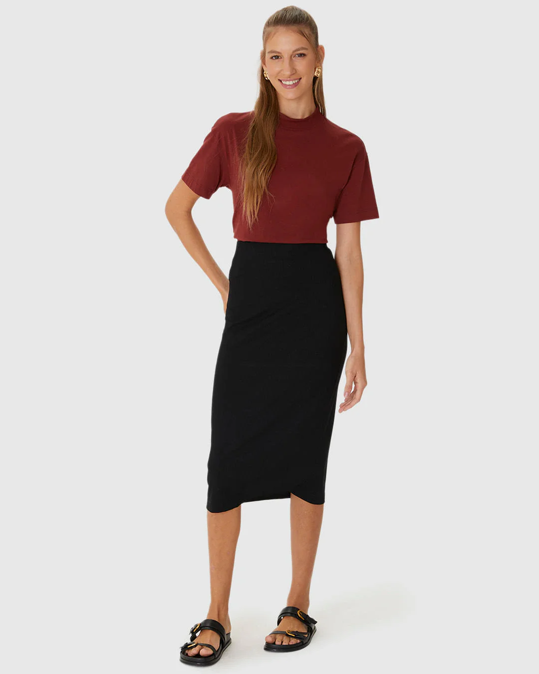 Saia Midi Feminina Em Malha Viscose Canelada