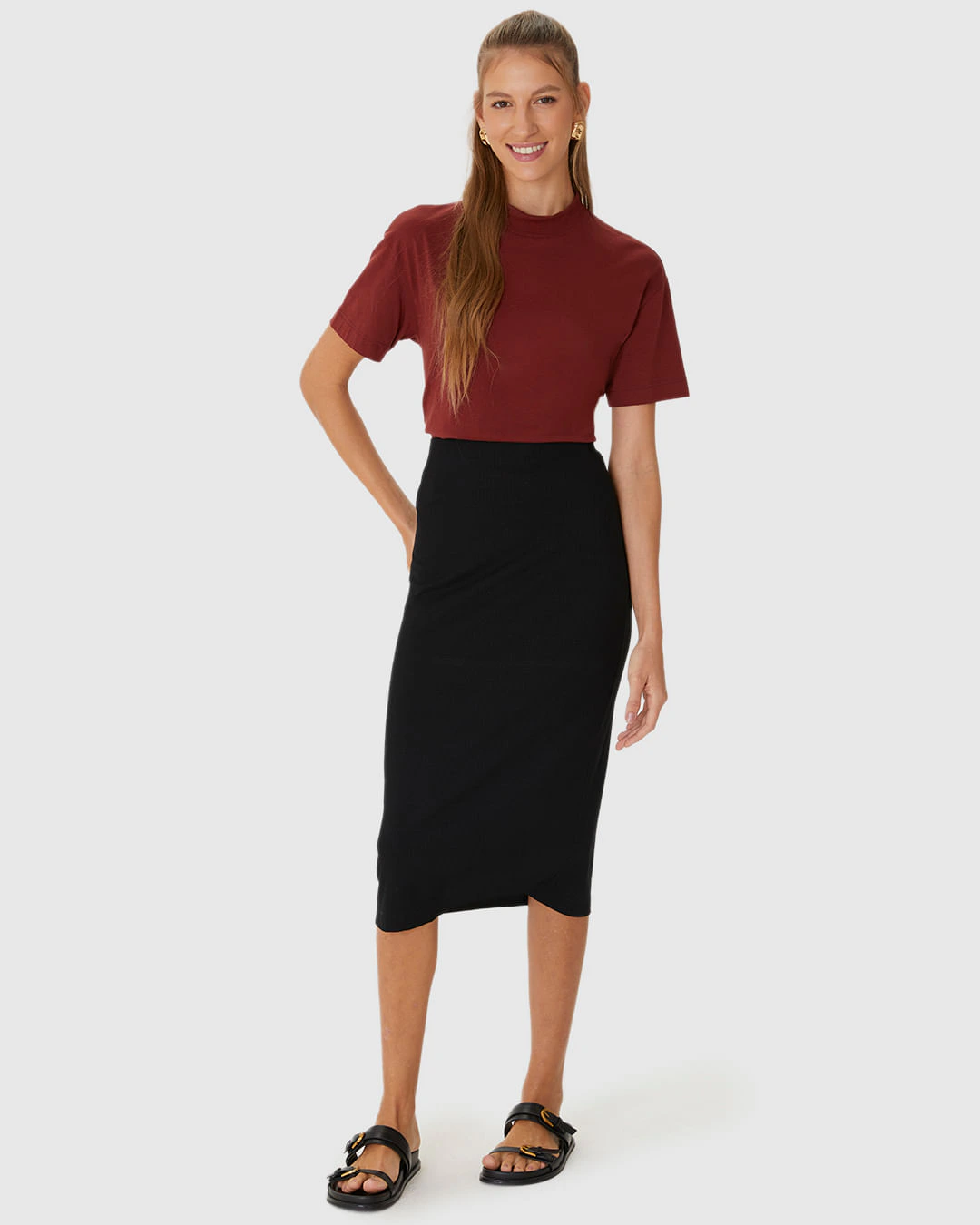 Saia Midi Feminina Em Malha Viscose Canelada