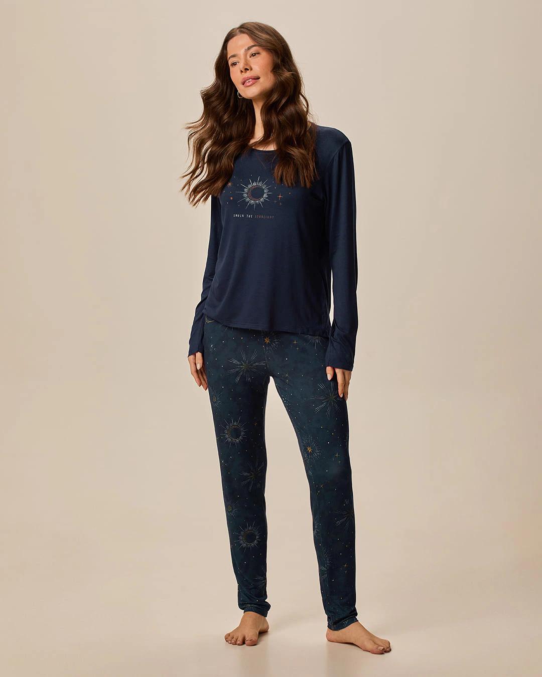 Pijama Longo Feminino Blusa Estampa Frontal E Calça Em Viscose Stretch