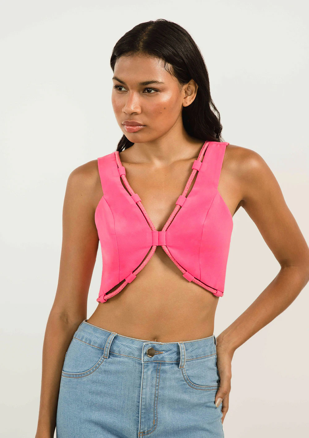Top Zinco Cropped Cavado Com Cordão Rosa