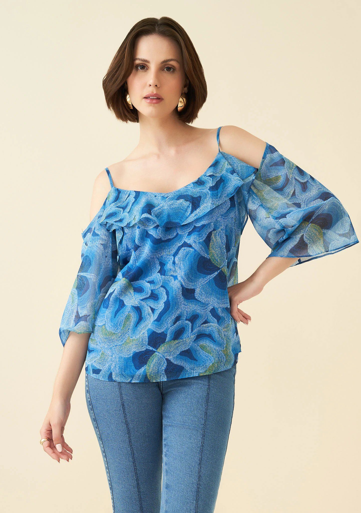Blusa Maria.Valentina Decote V Manga Longa Ombro Caido Azul