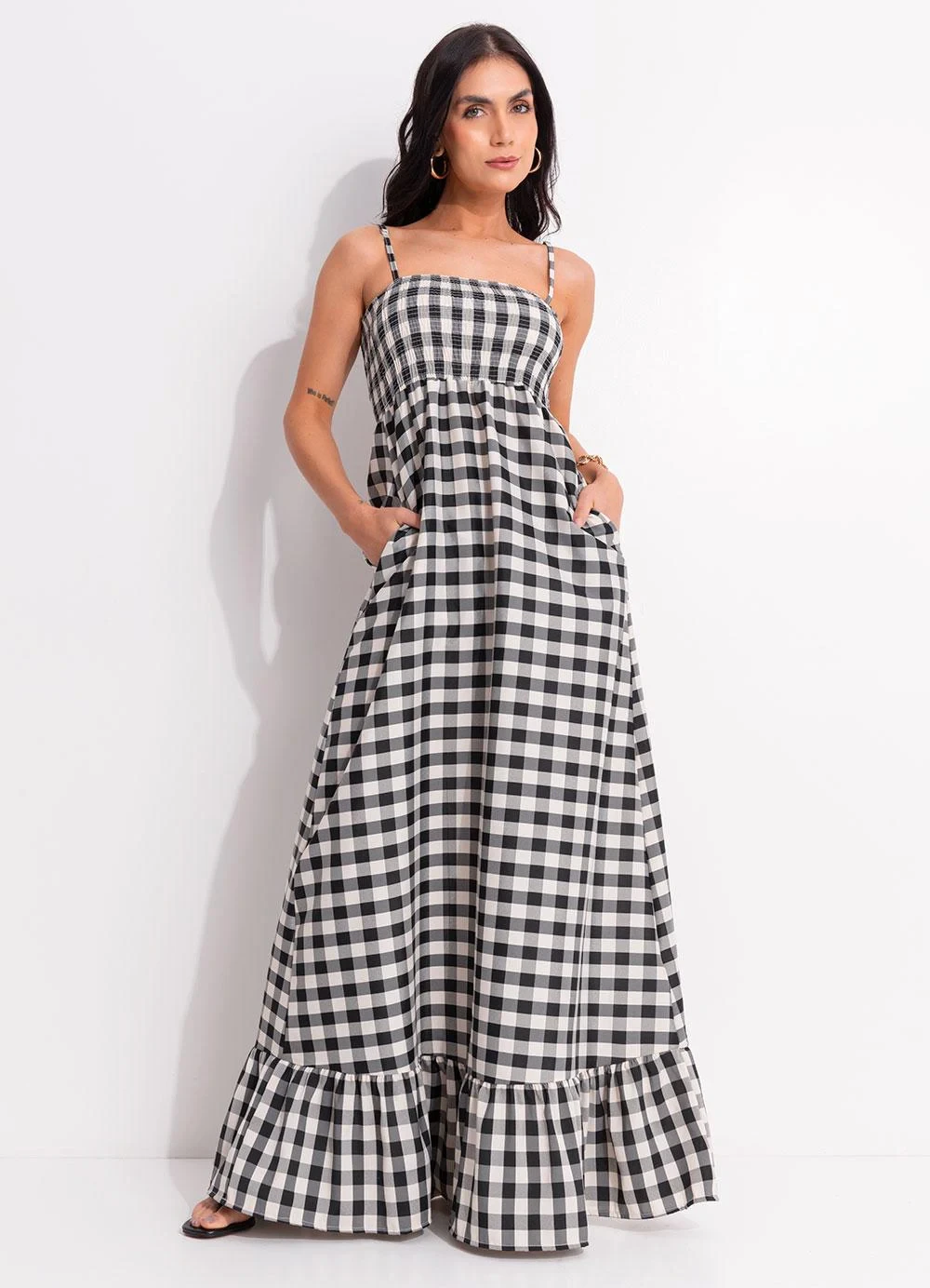 Quintess - Vestido Vichy Preto em Tecido Plano
