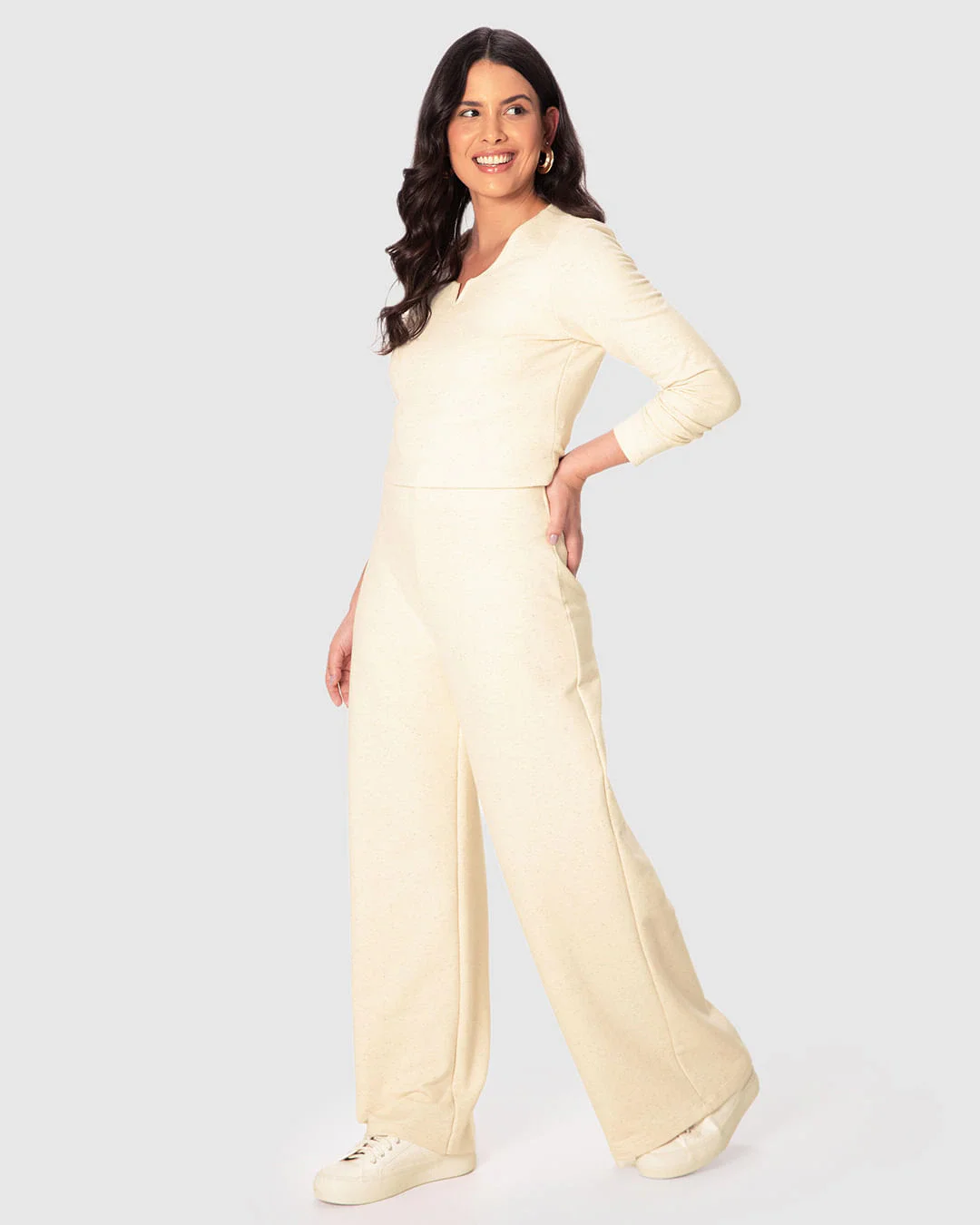 Calça Wide Leg Feminina Em Moletom Linho