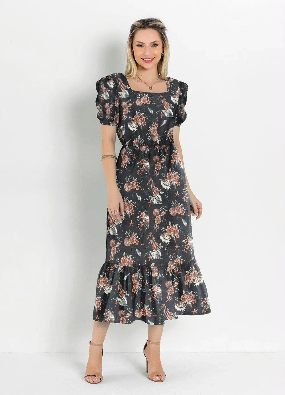 Rosalie - Vestido Floral Preto com Babado