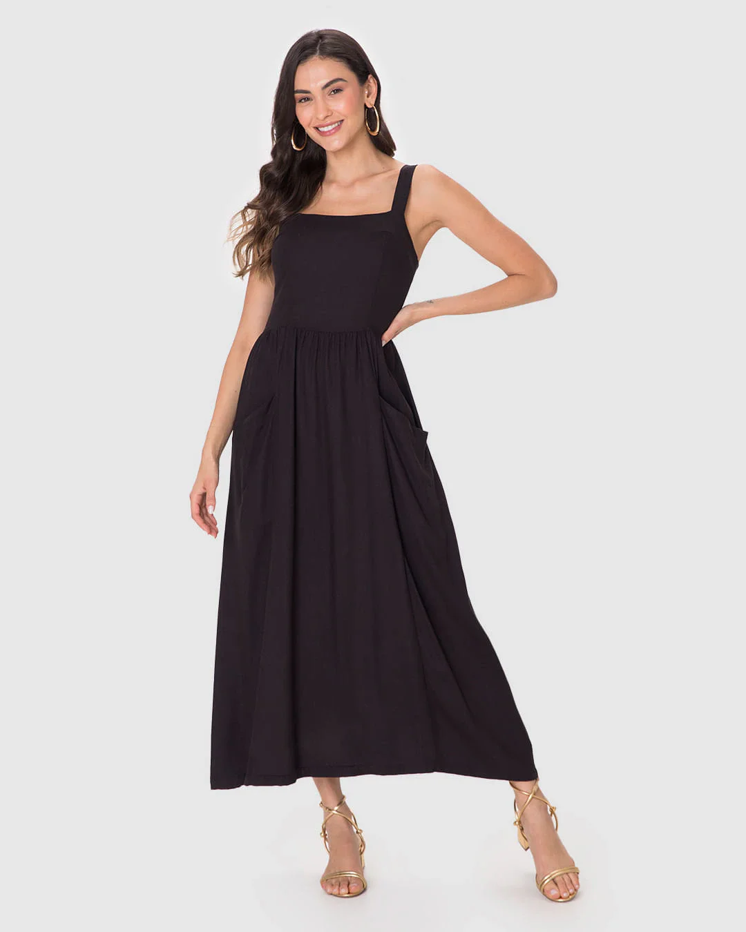 Vestido Midi Feminino Acinturado Bolso Lateral Em Viscolinho