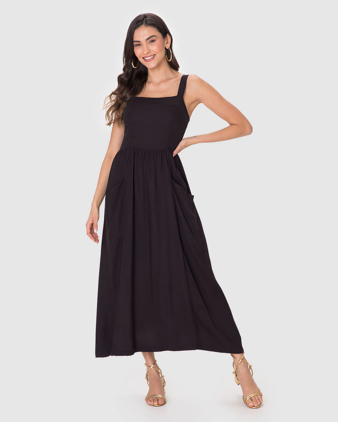 Vestido Midi Feminino Acinturado Bolso Lateral Em Viscolinho