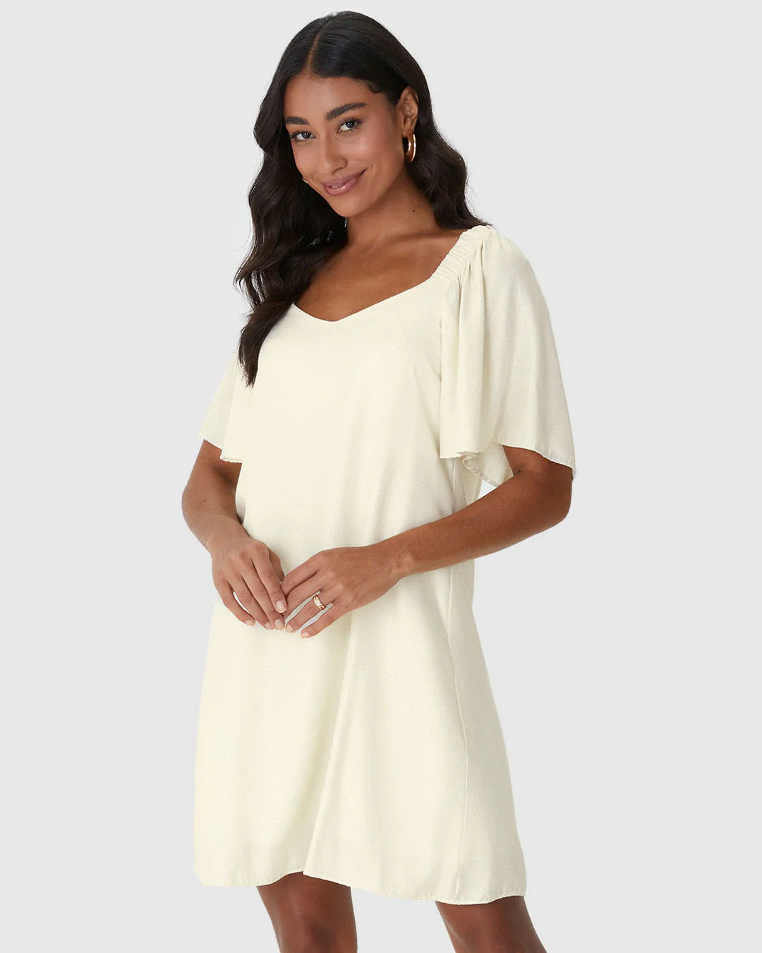Vestido Feminino Evasê Manga Com Franzido Em Viscose Lurex