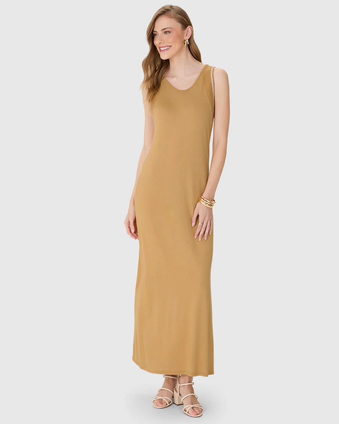 Vestido Midi Feminino Detalhe Retilínea Em Viscose Stretch