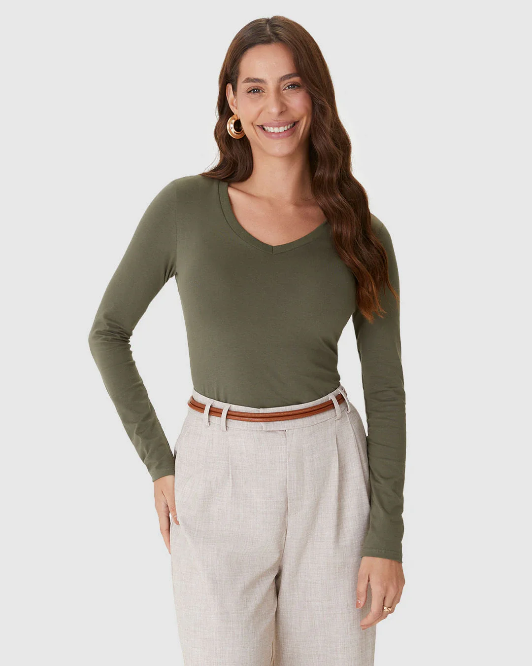 Blusa Básica Feminina Gola V Manga Longa Em Algodão